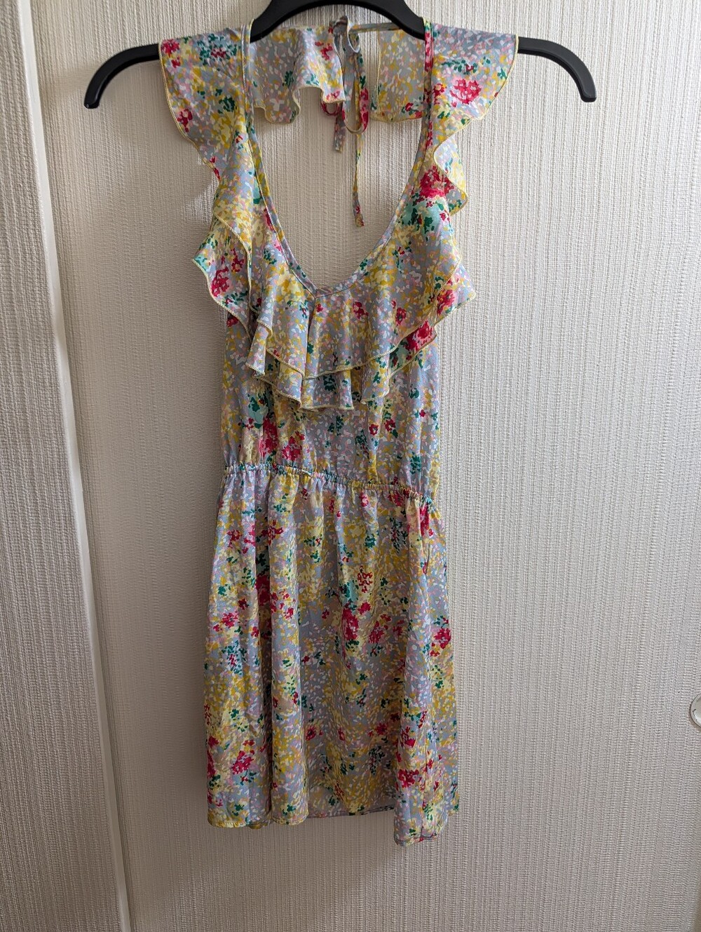 Karlie Yellow & Red Print Poly Ruffle Mini dress with Low Back Size S
